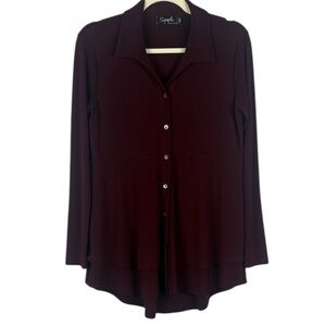 Sympli Deep Burgundy Flowy Fit Button Down Layered Hem Long Sleeve Blouse Size 4